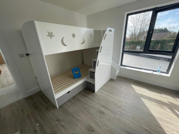 Childrens bunk bed with stairs front
