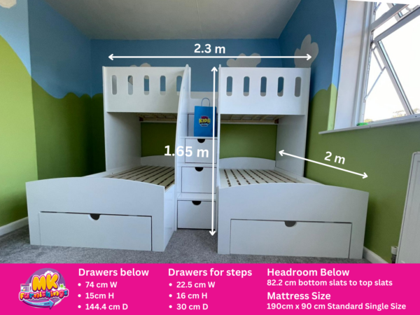 Triple sleeper for three children with steps and storage