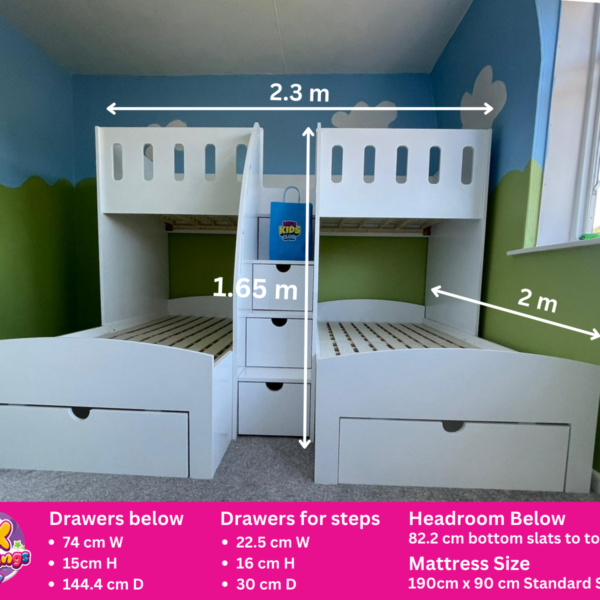 Triple sleeper for three children with steps and storage